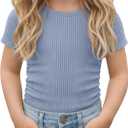 Toddler Girls Short Sleeve Cute Tops | Ribbed Knit, Crew Neck, Slim Fit, Summer, Basic, Soft, School Outfit, Trendy, Ages 18M-5T, Solid Colors