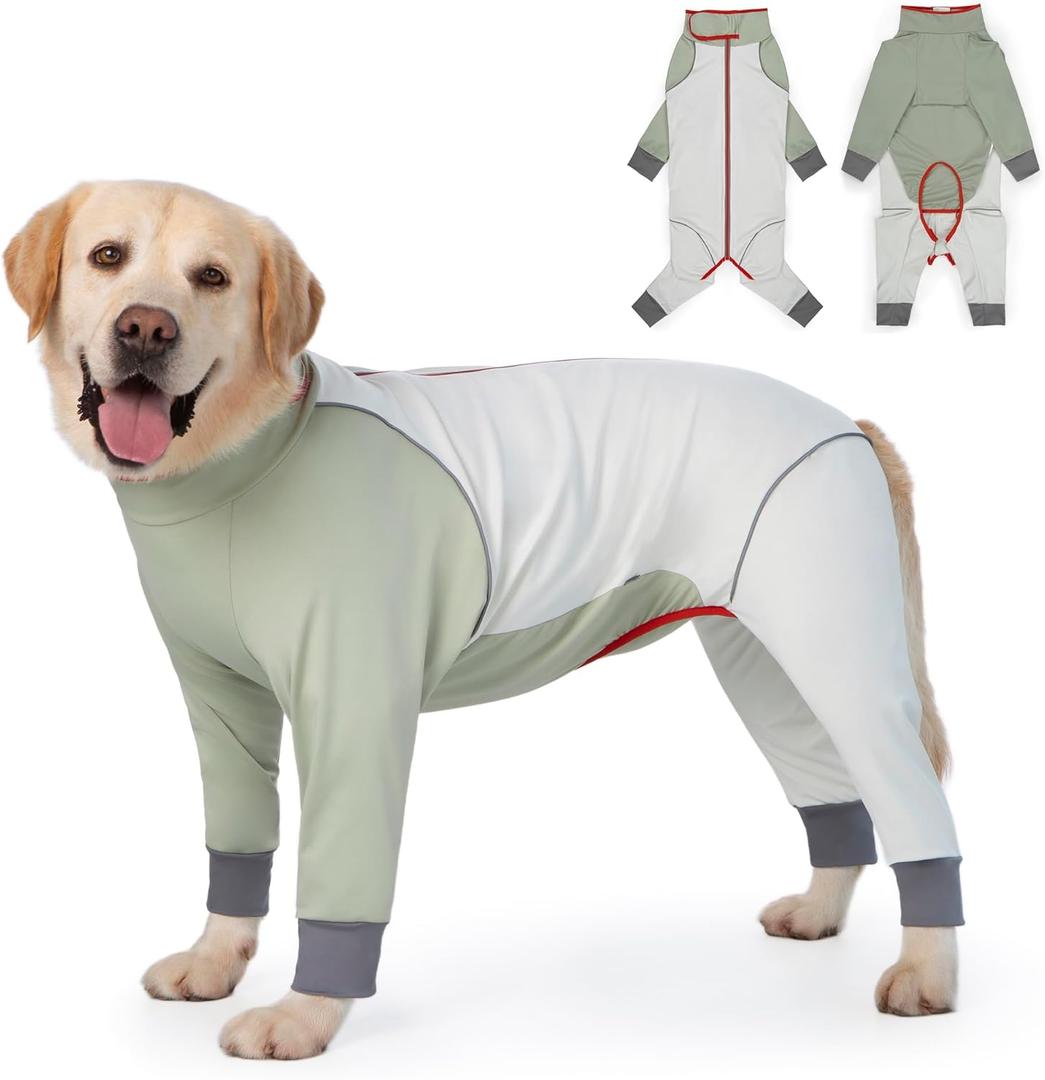 Dog Onesie Coat - Water-Repellent & Stretchable, Dirt-Resistant Outdoor Puppy Suit with Reflective Strips | Controls Shedding | for Small, Medium, Large Dogs (Beige, 5XL(Weight 65-88 lbs))