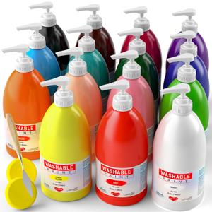 15 Colors Large Washable Paint Set (33.8oz/ 1000ml), Bulk Painting Supplies Non Toxic Tempera Paint for Kids Toddlers, Poster & Finger Paint for Art DIY Craft Classroom School Home-with Pump
