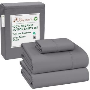 RUVANTI 100% Organic Cotton Sheets Twin Size, Percale Weave, GOTS Certified, 3-Piece Set, Deep Pocket 15", Crisp & Breathable, Soft Durable Bedding, Sbanas Algodn Orgnico  Silver Filigree