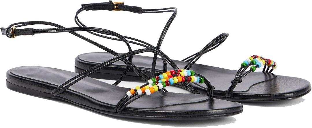 Strappy Flat Sandals for Women Round Open Toe Beaded Ankle Buckle Strap Flats Casual Summer Beach Dress Shoes, Color: Black Size: 8