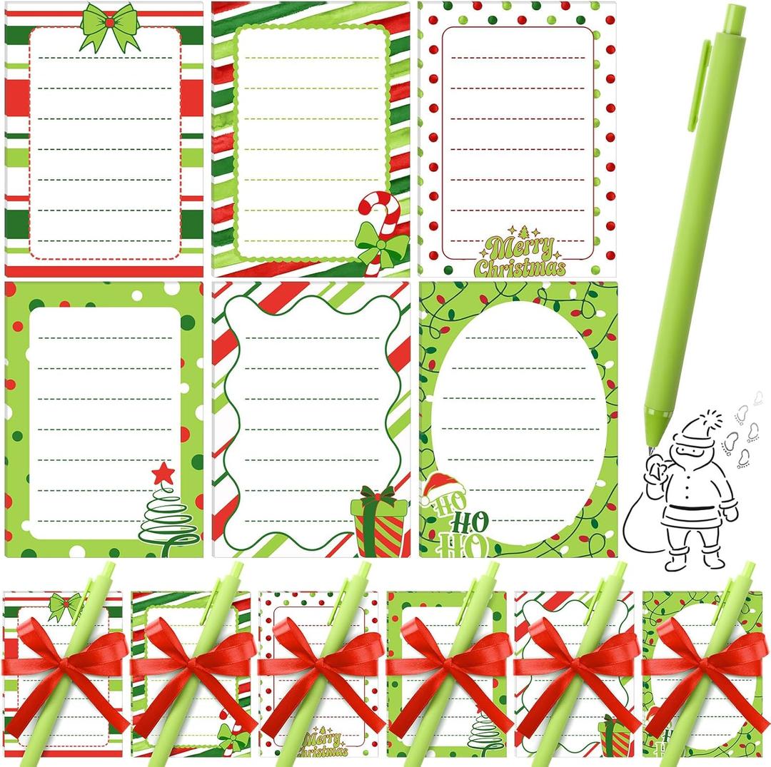 Eaasty 108 Pcs Christmas Sticky Notes Christmas Party Favors Stationery Gift Set Cute Cartoon Xmas Sticky Notes with Pens Ribbon for Home Office Classroom Party Supplies (Green, Red)