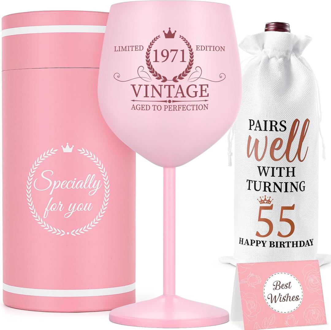 Lifecapido 55th Birthday Gifts for Women, Vintage 1971 Stainless Steel Wine Glass with Wine Bag and Card, 55th Birthday Decorations for Women, 55 Year Old Birthday Gifts for Grandma Mom Friends Wife