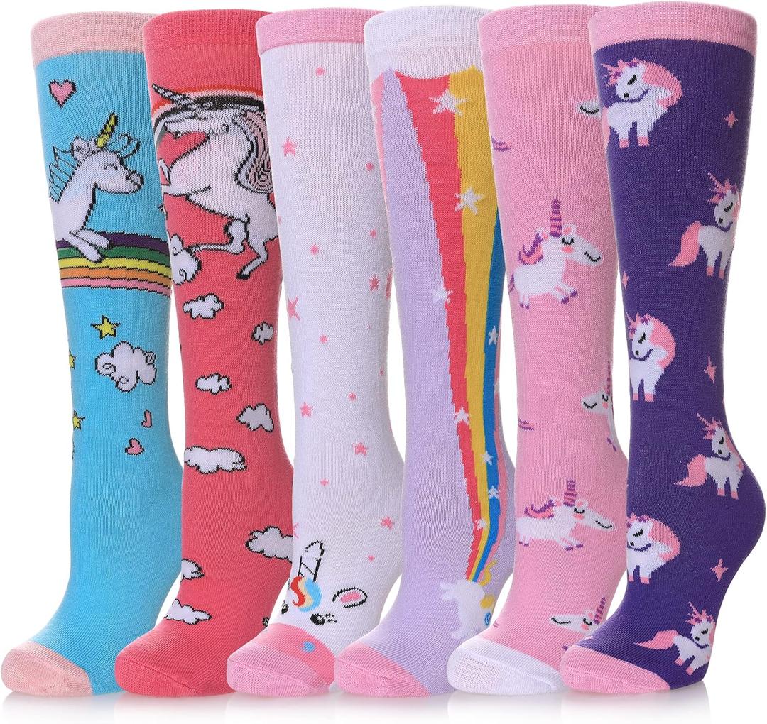 POEATEZO 3-12 Years Girls Knee High Socks Kids Funny Animal Pattern Warm Cotton Long Tall Boot Socks 6 Pairs (One Size, Pink Unicorn)