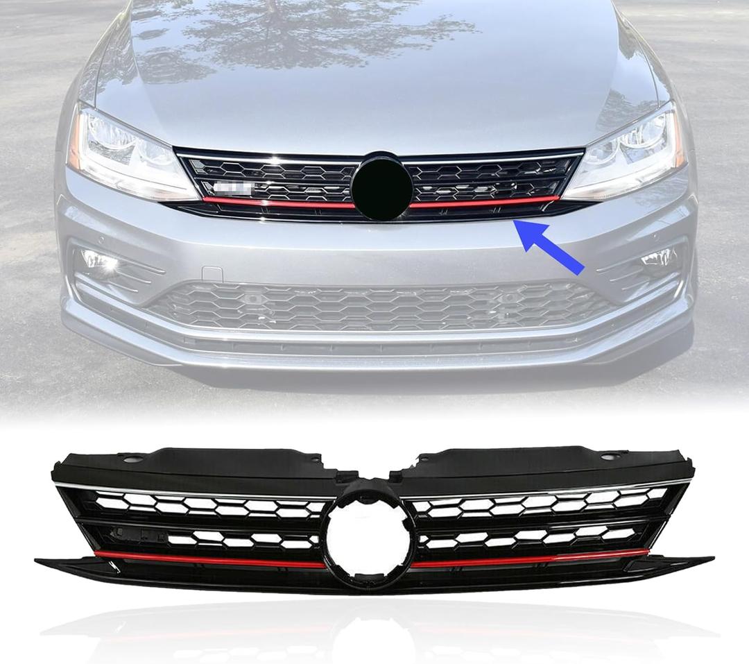 YLT AUTO Fit 2015 2016 2017 2018 For Volkswagen Jetta Front Cover Upper Bumper Grille Replacement Shroud VW Front Honeycomb Air Intake with Red Trim