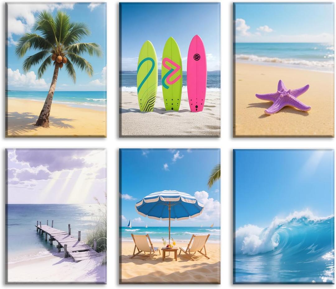 6 PCS Beach Picture Wall Art for Home Decor Beach Poster Summer Wall Decor Surfboard Starfish Waves Palm Tree Canvas Prints for Living Room Decorations 12 ×16 in*6(Framed)