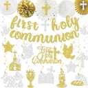 First Holy Communion Decorations, 1st Communion Decorations includes Glitter First Holy Communion Banner and My First Communion Decorations Hanging Swirls for Mi Bautizo Decoration