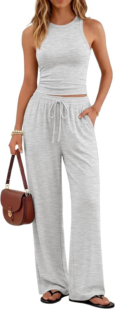 Trendy Queen Women's Summer 2 Piece Lounge Set Tank Top Wide Leg Pants Pockets 2026 XXS