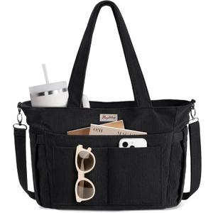 Corduroy Tote Bag for Women, 17 Pockets Laptop Work Tote Bag Lightweight Teacher Nurse Bible Bag for School Travel | with 40oz Cup Holder, Multi Compartment, Zipper Crossbody Bag, College Shoulder Bag, Daily Purse w/ Strap, Ideal Gift for Women (Black)