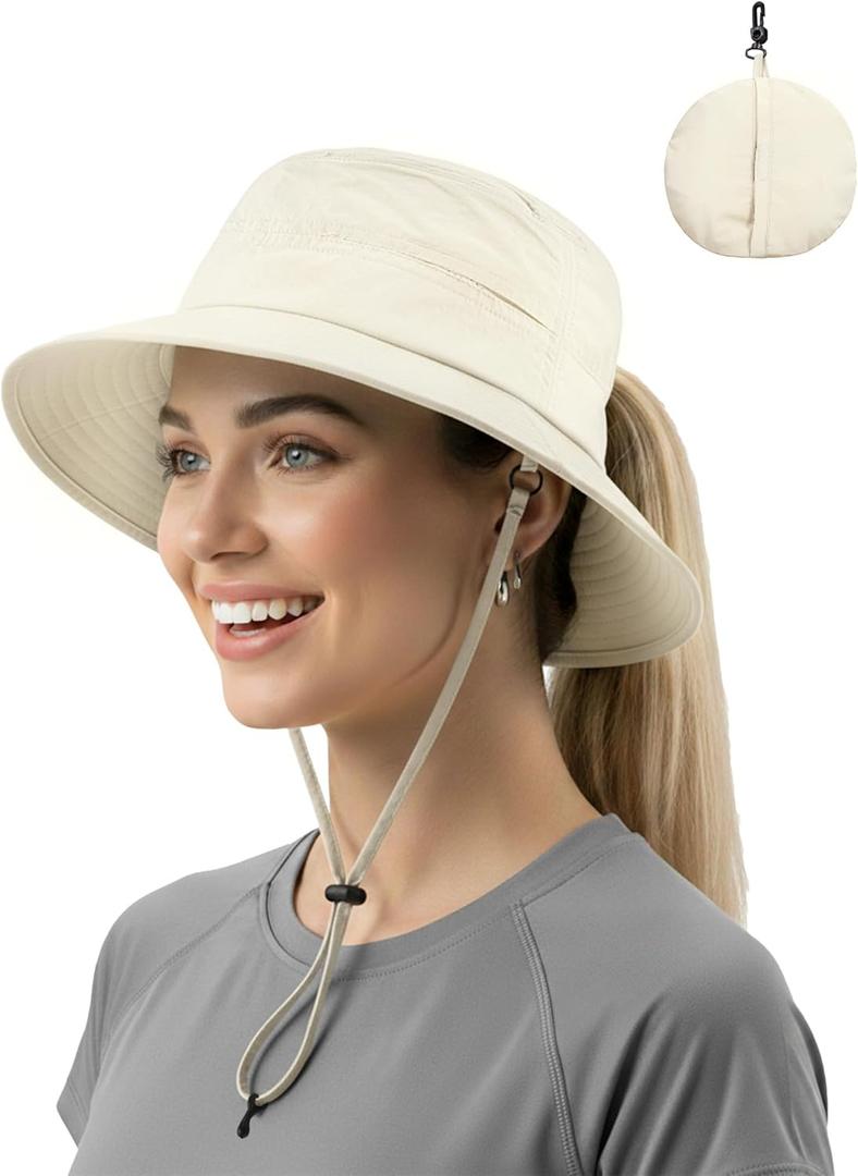 Womens Ponytail Sun Hat Packable UPF50+ Waterproof Bucket Hat Hiking Fishing Safari Hat Foldable Beach Hat