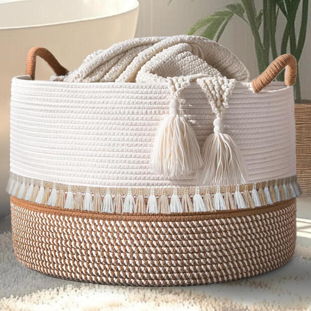 Quincunx Large Cotton Rope Basket (20"x13") - Premium Storage Solution for Blankets, Laundry, and Toys (White/Brown)