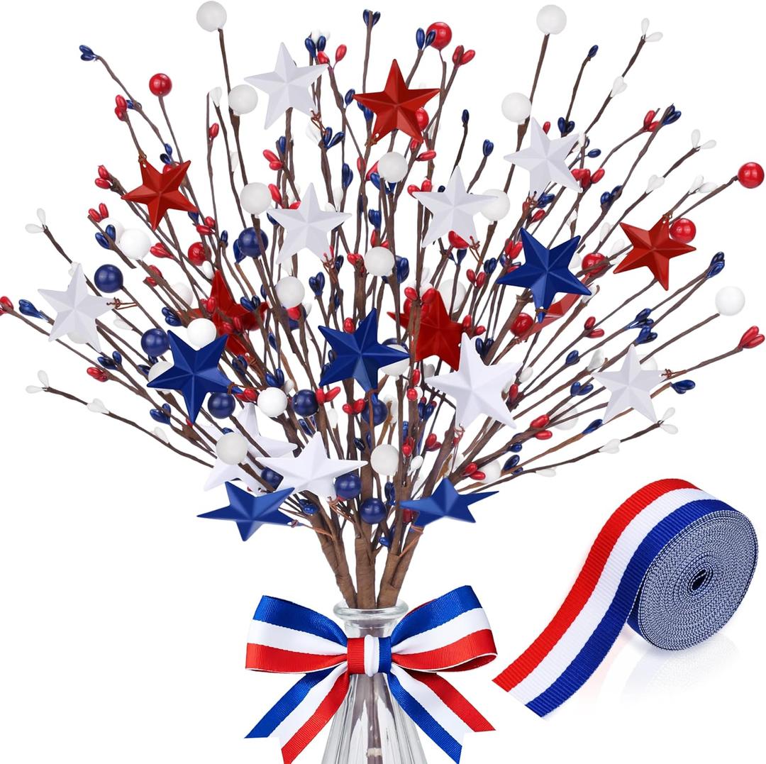 4 Pack Patriotic Artificial Berry Stem Picks, 16.5" White Blue Red Stars Faux Berry Bunch with 5 Yard Ribbon for 4th of July Independence Day Anniversary Memorial Day Home Vase Table Centerpieces