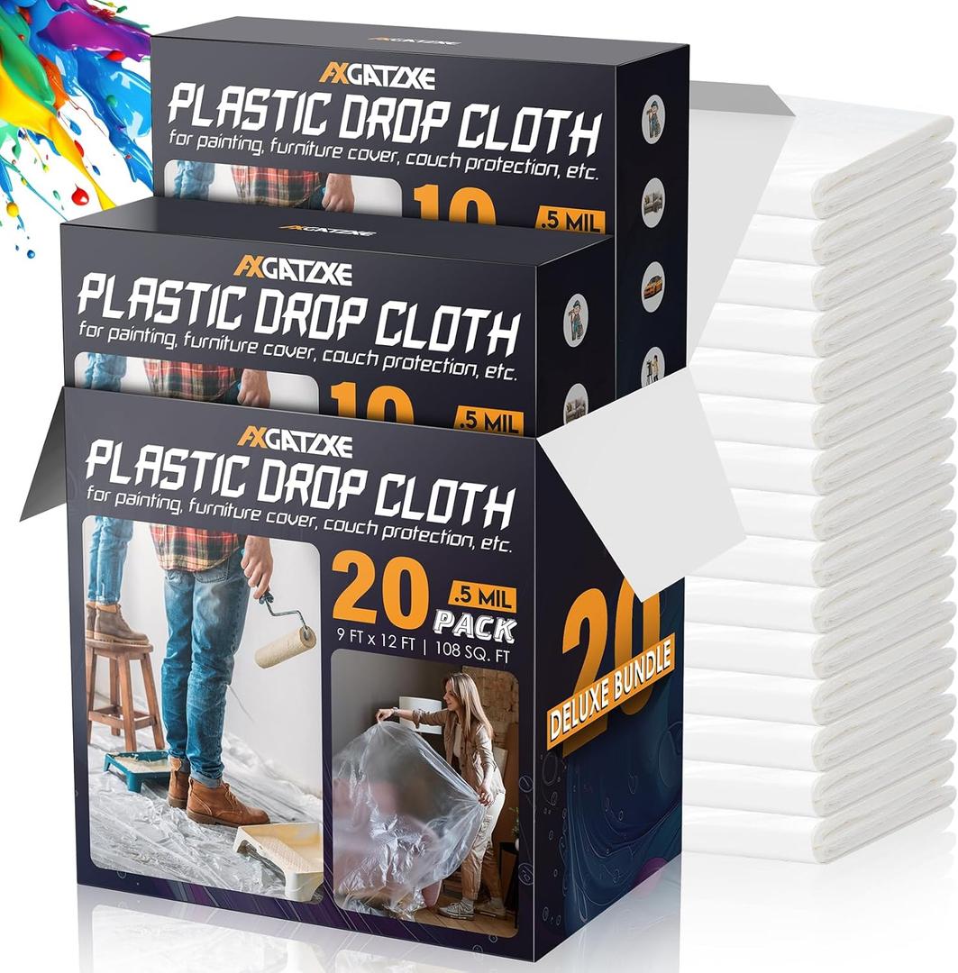 12 x 9 Ft Plastic Sheet Drop Cloths (20-Pack) - Disposable Painter's Sheeting & Tarps for Painting, Waterproof Painting Supplies, Dust Cover for Furniture/Couch/Floor Protection