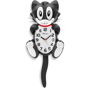 Soobest 18 Inch 3D Large Cat Wall Clock Battery Operated Silent Non Ticking with Moving Eyes and Pendulum Tail, Retro Kids Analog Wall Clock for Gift Decor Black