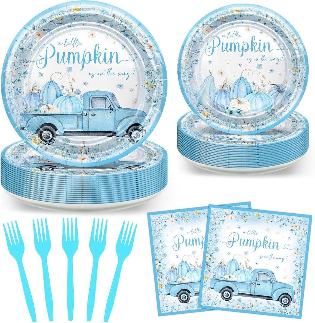 Avezano 96 PCS Little Pumpkin Baby Shower Decorations Blue Pumpkin Plates and Napkins for Boys Fall Autumn Baby Shower Decoration Supplies, Serves 24