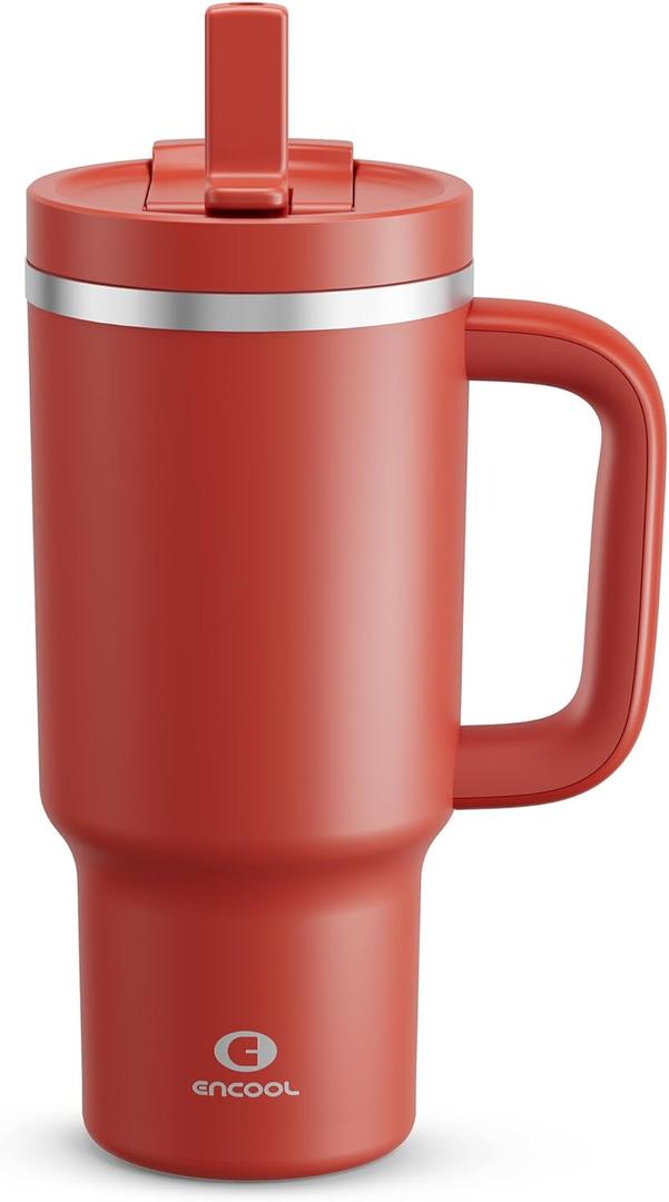 ENCOOL 32 oz Tumbler with Handle and Straw: Stainless Steel Insulated Tumbler Keeps Cold for 24 Hours, Leakproof Travel Cup Fits in Cup Holder and BPA-Free,Medium Carmine