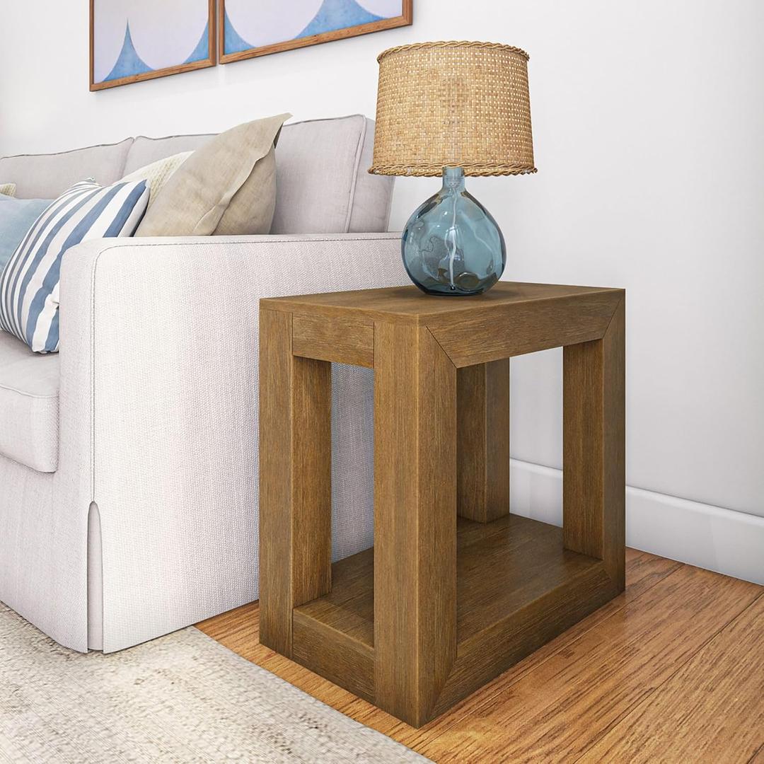Plank+Beam Modern Rectangular Side Table with Shelf, 25", Solid Wood Narrow End Table for Living Room with Storage, Compact Bedside Table for Small Spaces, Pecan Wirebrush