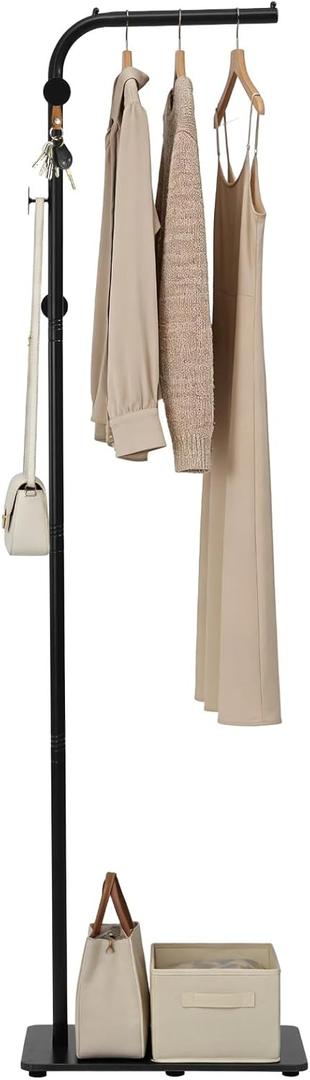 L-Shaped Metal Floor Coat Rack, Portable Standing Clothes Rack with Marble Base & 3 Hooks, Ball-End Top Hanging Bar, Clothing Stand for Bedroom, Entryway, Living Room, Small-Space Organizing