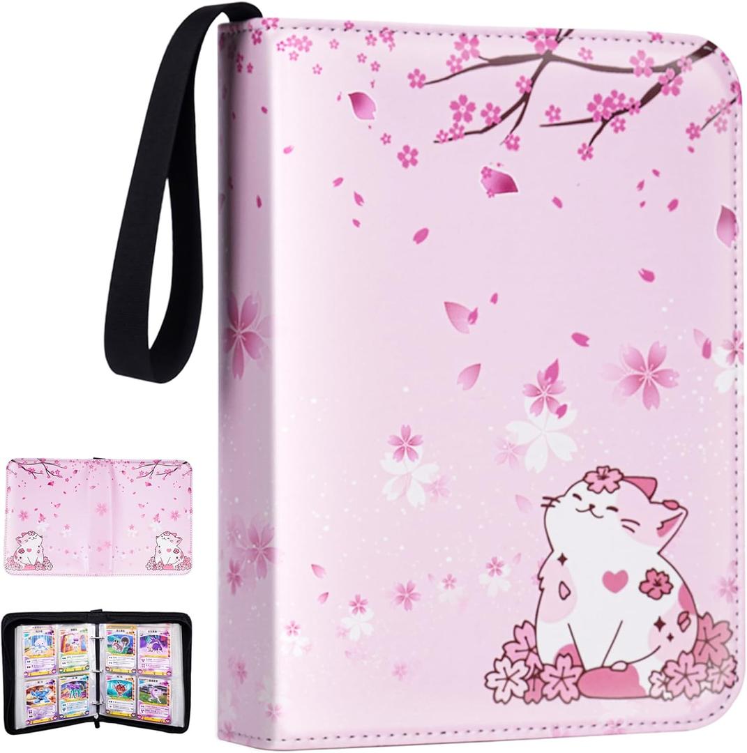Card Binder for Girls Gifts,440 Cards Collectible Trading Card Holder Case with 55 Sleeves, 4 Pocket for TCG Game Cards Collection Sports Trading Cards Collector Album (Sakura cat)