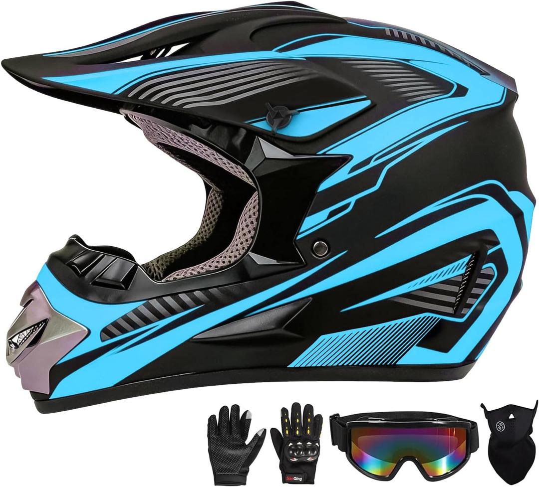 Motocross Helmet,Youth & Adult ATV Dirt Bike Motorcycle Helmet,BMX 4-Wheeler Off-Road Mountain Bike Helmet,DOT Certified,W/Gloves Goggles Mask 4-Piece Set (Blue, Large)