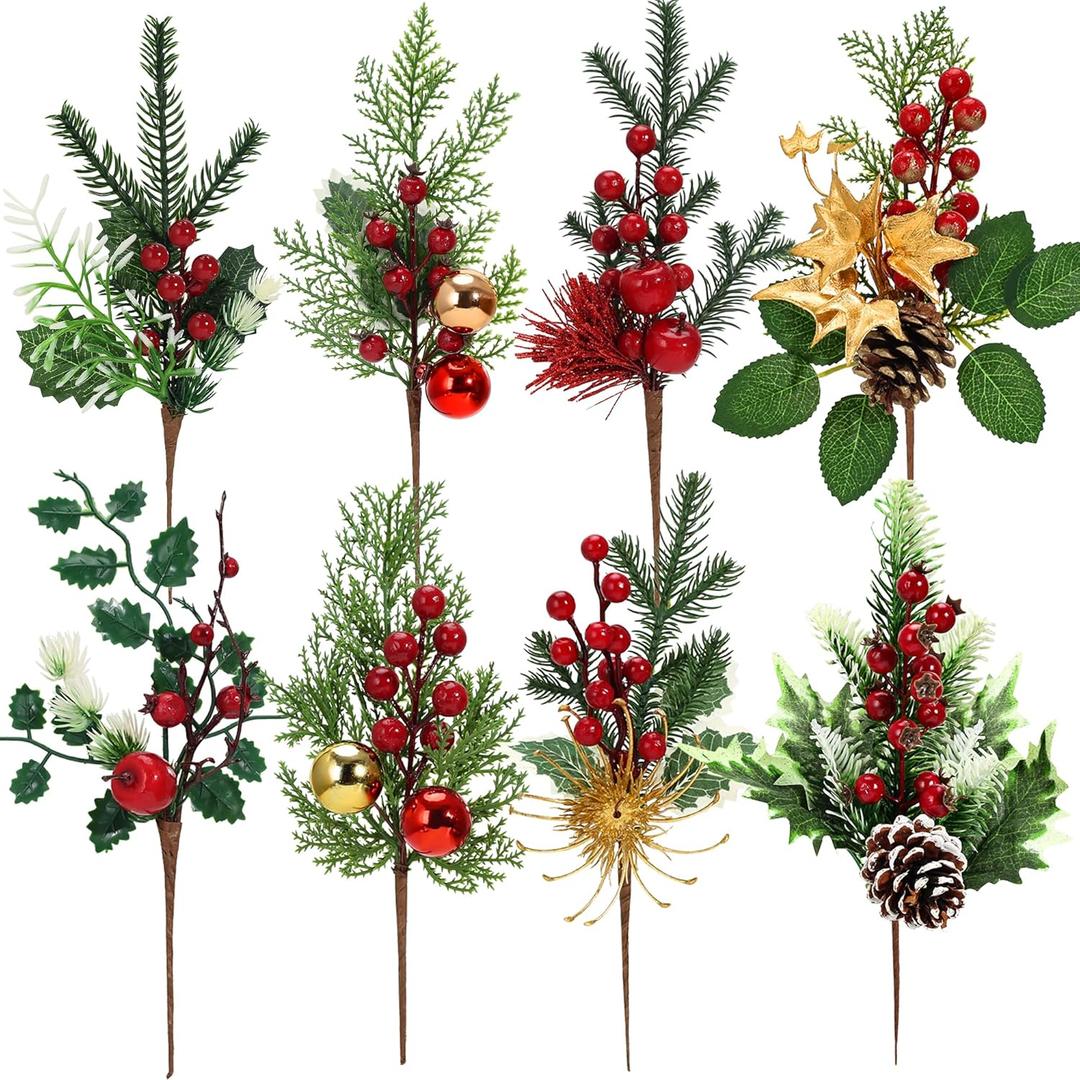 Artificial Christmas Picks, 8Pcs Christmas Sprays Picks with Red Berry Stems Pine Cones Holly Poinsettia, Faux Floral Branches for Xmas Tree Filler Wreath Garland Holiday DIY Crafts Decorations(8)