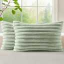 decorUhome Summer Cozy Faux Fur Throw Pillow Covers 12x20 Set of 2 Decorative Soft Plush Striped Lumbar Modern Farmhouse Boho Couch Pillow Cases with Velvet Back for Sofa Bed Living Room, Sage Green