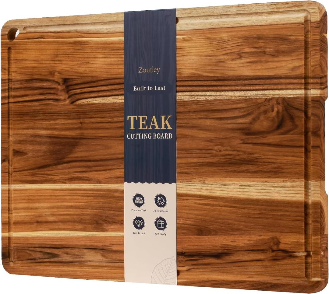 24”×18” Teak Wood Cutting Board for Kitchen, Knife-Friendly Chopping Boards with Juice Grooves, Heavy Duty Wooden Boards for Meat, Fruit & Cheese, Ideal Housewarming Gift