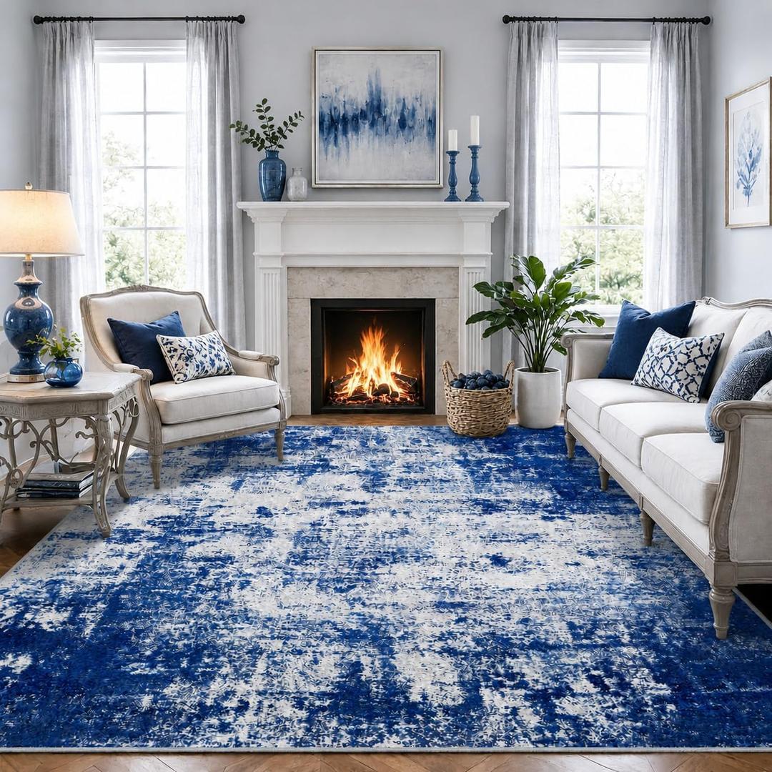 5x7 Rug Washable Non-Slip Living Room Rugs,Blue Area Rug Soft Vintage Distressed Pattern Carpet for Bedroom Dining Room, Foldable Thin Floor Mat for High Traffic Areas