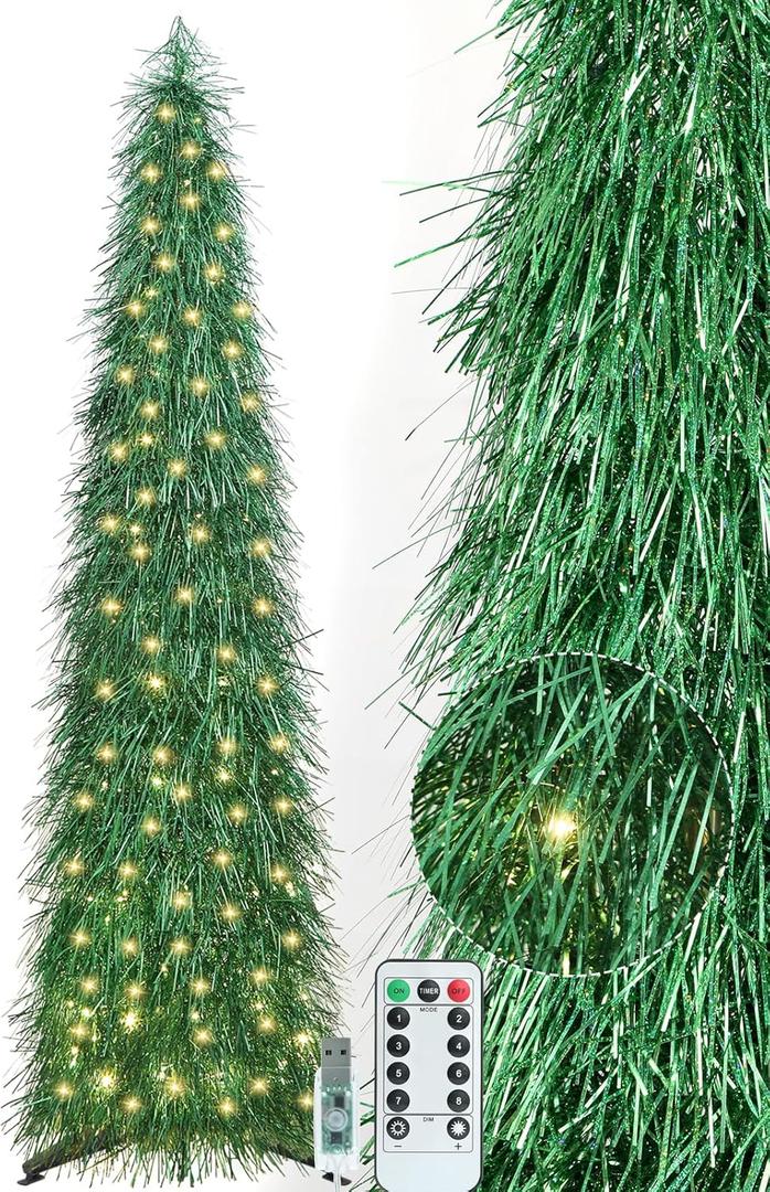 6 FT Shaggy Pop Up Christmas Tree with 100 Timer Lights and Remote, Green Collapsible Artificial Tinsel Christmas Pencil Tree for Home Apartment Office Holiday Party Decor, Easy Assembly