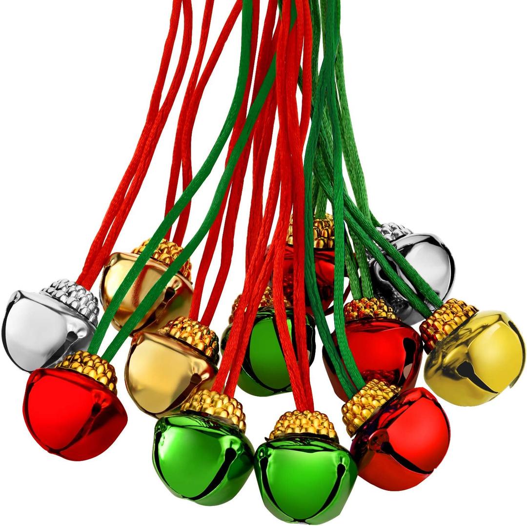 Gejoy 60 Pieces Christmas Bell Necklaces xmas Bell Decorations for Holiday Supplies (Red, Green, Gold and Silver)