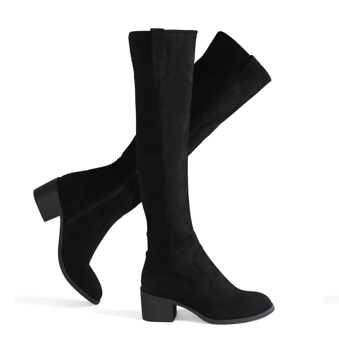 Shoe'N Tale Women's Over The Knee Thigh High Chunky Heel Pointed Toe Faux Suede Side Zipper Fall Weather Winter Boots(8.5,Black) (Black, M)