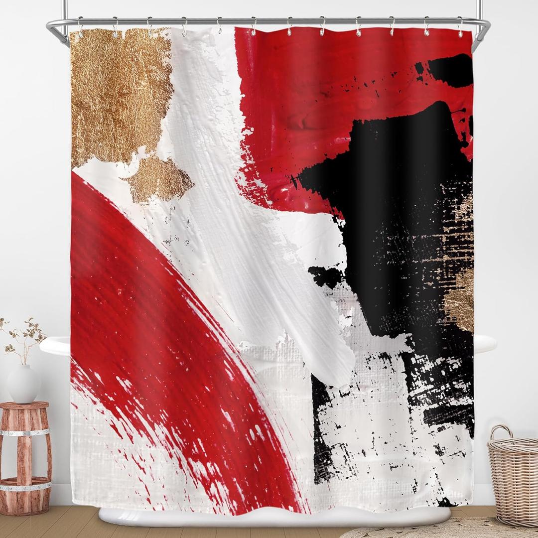 Riyidecor Red Black Shower Curtain for Bathroom Decor 60Wx72H Abstract Modern Minimalist Aesthetic Oil Painting Simple Neutral Gold White Art Printed Fabric Polyester Waterproof 12 Pack Plastic Hooks