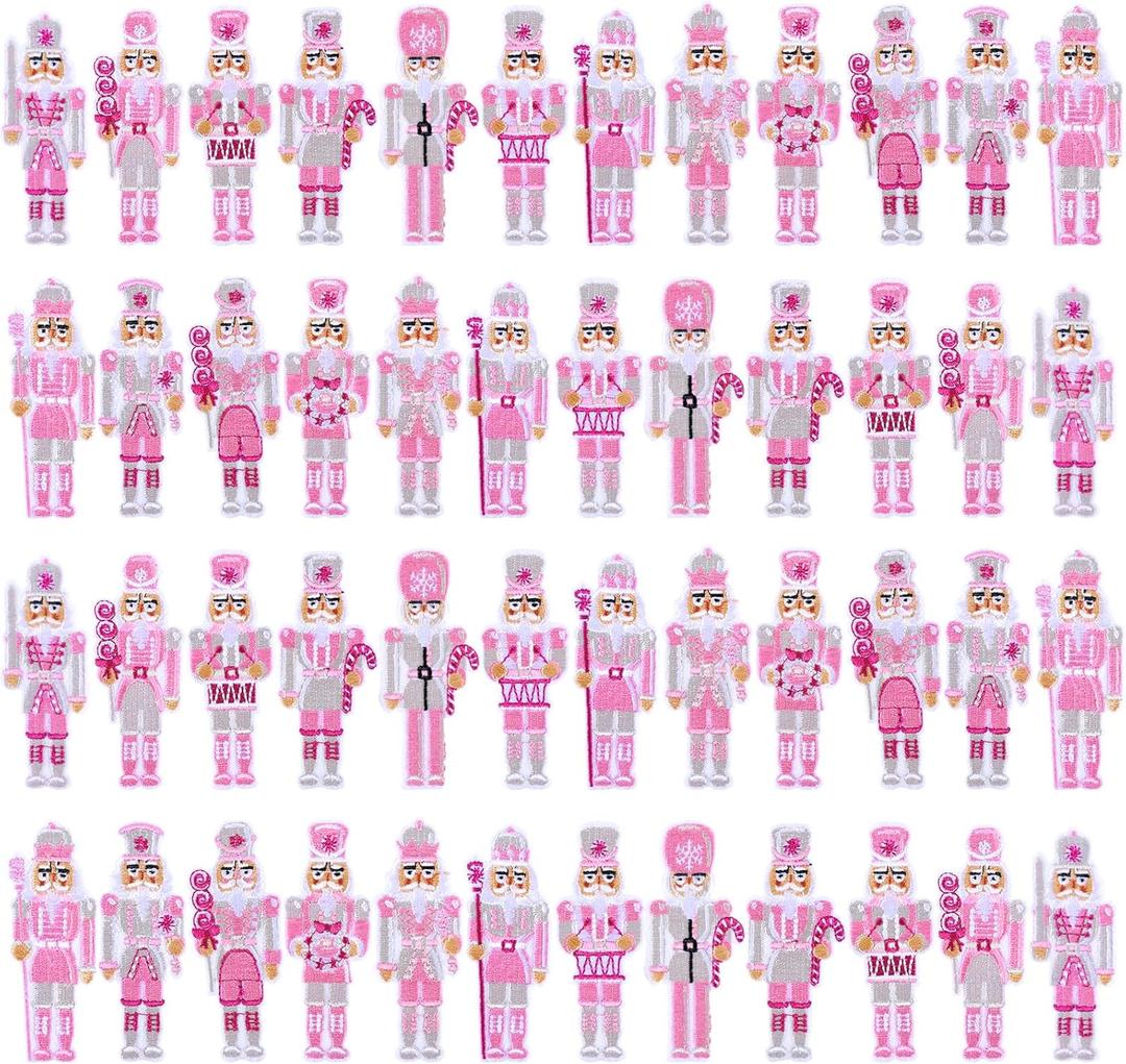 Hotop 48 Pcs Pink Christmas Nutcracker Iron on Patches Sew on Embroidered Nutcracker Applique Pink Christmas Decorations Soldier Figures Repair Patch for Hat Clothing Backpack Xmas DIY Craft