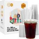 Turbo Bee 150 Sets 12 OZ Clear Plastic Cups with Lids and Straws, Disposable To Go Iced coffee cups with lids for Cold Drinks, Smoothie, and Slushie