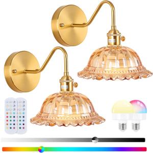 Vintage Battery Operated Wall Sconce with Remote Control, Wireless Wall sconces with Magnetic RGB Bulbs, Rechargeable Wall Light Set of Two for Bedroom Living Room Hallway Wall Decor