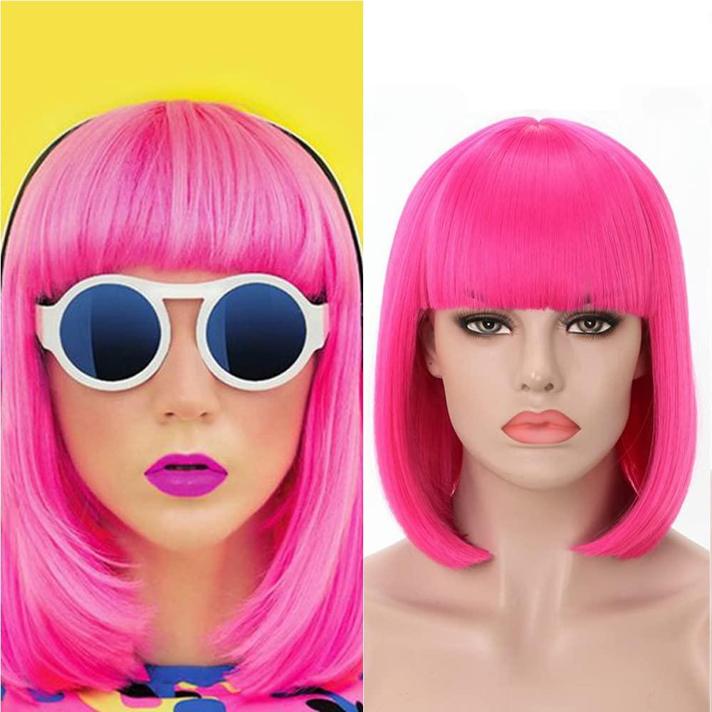 Rosa Star Short Bob Hot Pink Wig with Bangs Women's Straight Synthetic Hair Wigs for Halloween Comic-con Costume Anime Cosplay Party