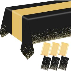 6 Pack Rectangle Plastic Dot Tablecloth Set, 54 X 108 Inch Plastic Table Cover, 12 x 108 Inch Satin Table Runners for Wedding Graduation Birthday New Year Party Decorations (Black, Gold)