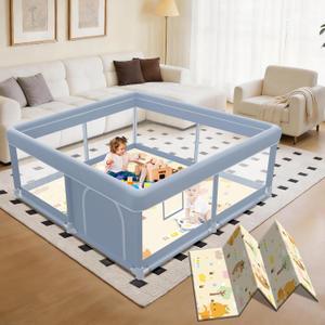 XVISHX 65 x 50 Inch Baby Playpen with Mat, Playpen for Babies and Toddlers, Baby Play Pen Playard for Indoor & Outdoor Active Center Game Fence, Skin-Friendly Fabric and Soft Breathable Mesh, Grey