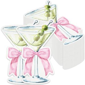 50PCS Martini Bow Party Supplies Martini Glass Shaped Napkins Pink Bow Birthday Decorations Martini Bow Disposable Bar Beverage Napkins for Girls Engagement Bridal Shower Bachelorette Party Favors