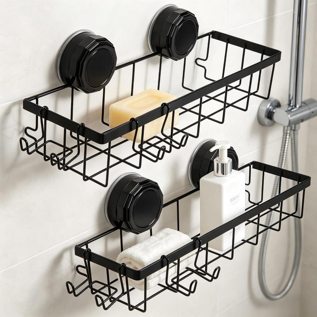 Shower Caddy Suction Cup Adhesive with Hooks, Heavy Duty Shower Shelves Storage Organizer for Bathroom, No Drilling Bathroom Shelf with Large Capacity, Black Metal Storage Basket