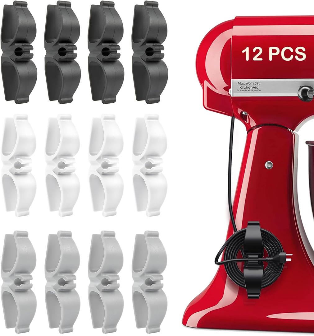 Cord Organizer for Appliances, 12 Pack Upgraded Kitchen Appliance Cord Organizer Stick On Appliance Wire Organizer Wire Wrapper for Kitchen Appliances Mixers, Coffee Maker, Pressure Cooker (4*Black+4*White+4*Grey)