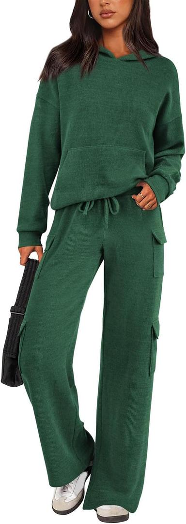 Womens 2 Piece Outfits Lounge Hoodie Sweatsuit Sets Oversized Sweatshirts Wide Leg Cargo Sweatpants Y2K Tracksuit (Small)