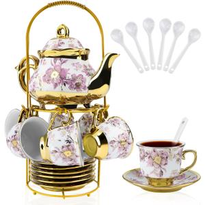 20 Pcs Porcelain Tea Set with Metal Holder, European Ceramic Tea Set for Adults, Adult Tea Set Gift, Flower Tea Cup Saucer Set for Party With Gold Flower Painting (Elegant Purple)