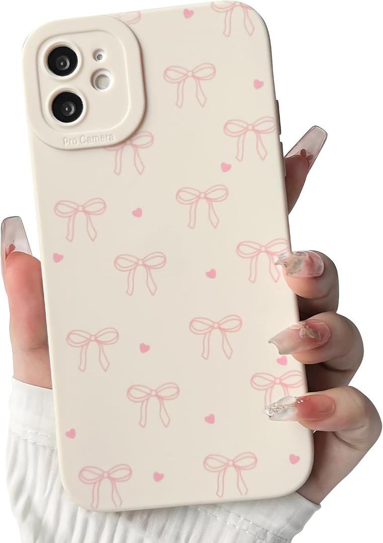 NITITOP Compatible with iPhone 11 Case Cute Aesthetic Bow Ribbon Love Heart Pattern Design for Women Girls Soft TPU Bowknot White Back Shockproof Protective Phone Cover - Pink