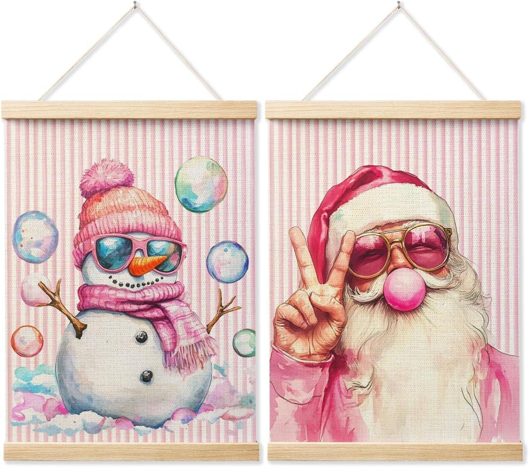 LZYRF Trendy Pink Christmas Santa Snowman Wall Art Poster Framed, Coquette Christmas Decor, Girly Pink Striped Winter Xmas Canvas Prints Wall Decor for Girls Room Dorm Apartment, 12x16 Inch Set of 2