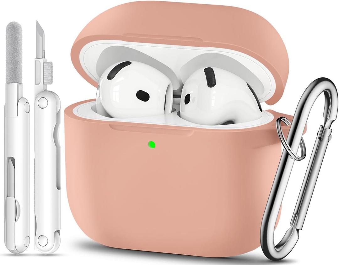 for AirPods 4 Case, TNSNK Silicone AirPod 4 Case Cover Compatible with Apple Airpods 4th Gen, Shockproof Protective Cases for Women Girly with Cleaner Kit and Keychain, Front LED Visible, B-Salmon