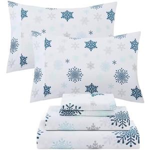 Viviland Christmas Holiday 100% Cotton Sheets Queen, Crisp Cooling Percale Snowflake Sheets, Soft Cozy Winter Bedding