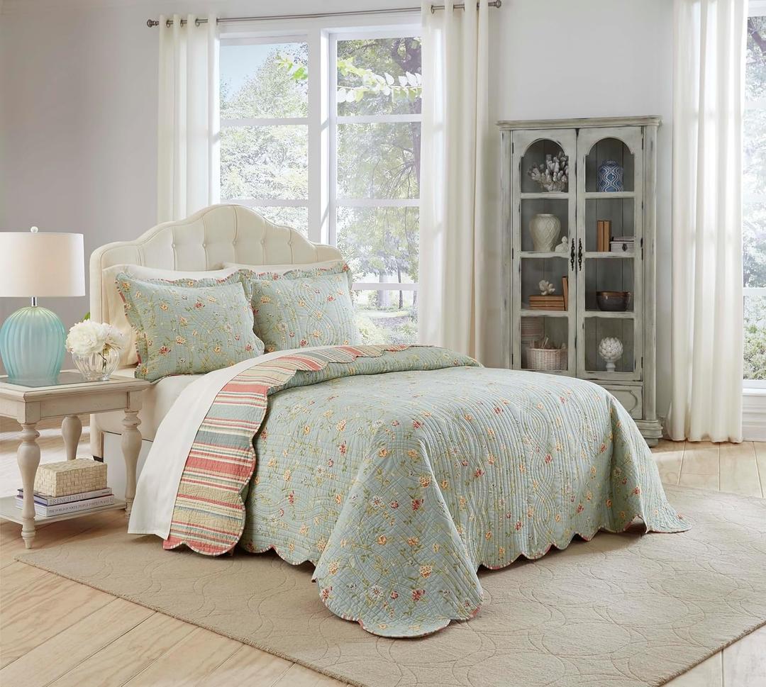 Waverly Garden Glitz 3-Piece Cotton Quilt Set Full/Queen - with 2 Shams, Lightweight & Breathable, Vapor