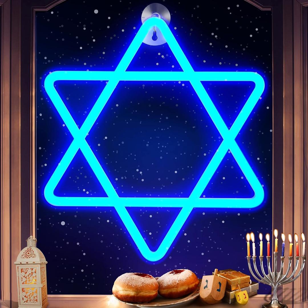 Hanukkah Decorations Star of David Blue Neon Window Lights, 12 Inch Battery and USB Powered Chanukah LED Neon Sign Lights with Timer for Jews Judaism Synagogue Passover Shabbat Hanukkah(1 Pcs)