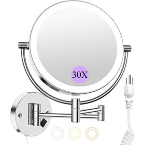 Wall Mounted Makeup Mirror with Lights, 30X/1X Double-Sided Magnifying, Plug-in Lighted Vanity Mirror with 3 Color Modes, Dimmable Brightness, 360 Swivel Extendable Arm for Bathroom & Grooming (Chrome)